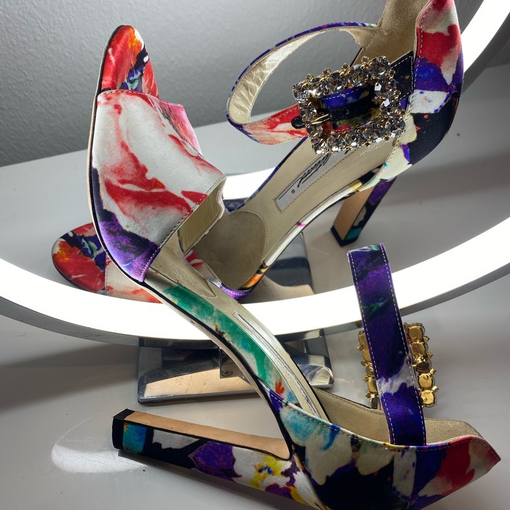 Silk floral Brian Atwood heels rhinestone buckles